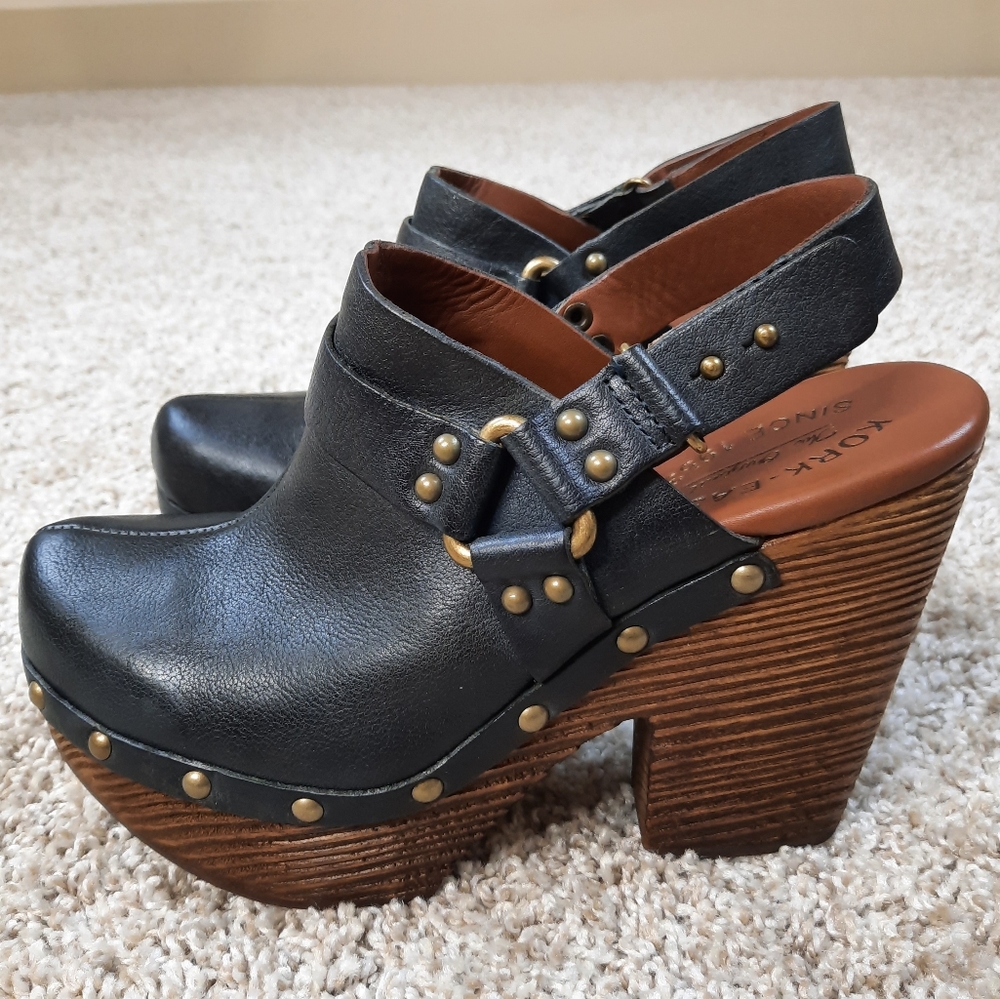 Kork Ease black leather slingback clogs Size 6 Metal studded